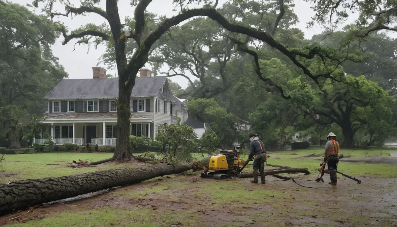 Tree crew safely removing a storm-fallen tree from a suburban home's yard in the Walton area