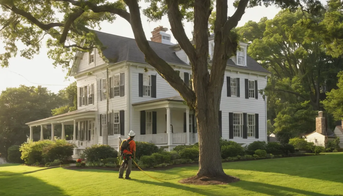 A tree removal provider carefully working on a large tree beside a home in the Walton area