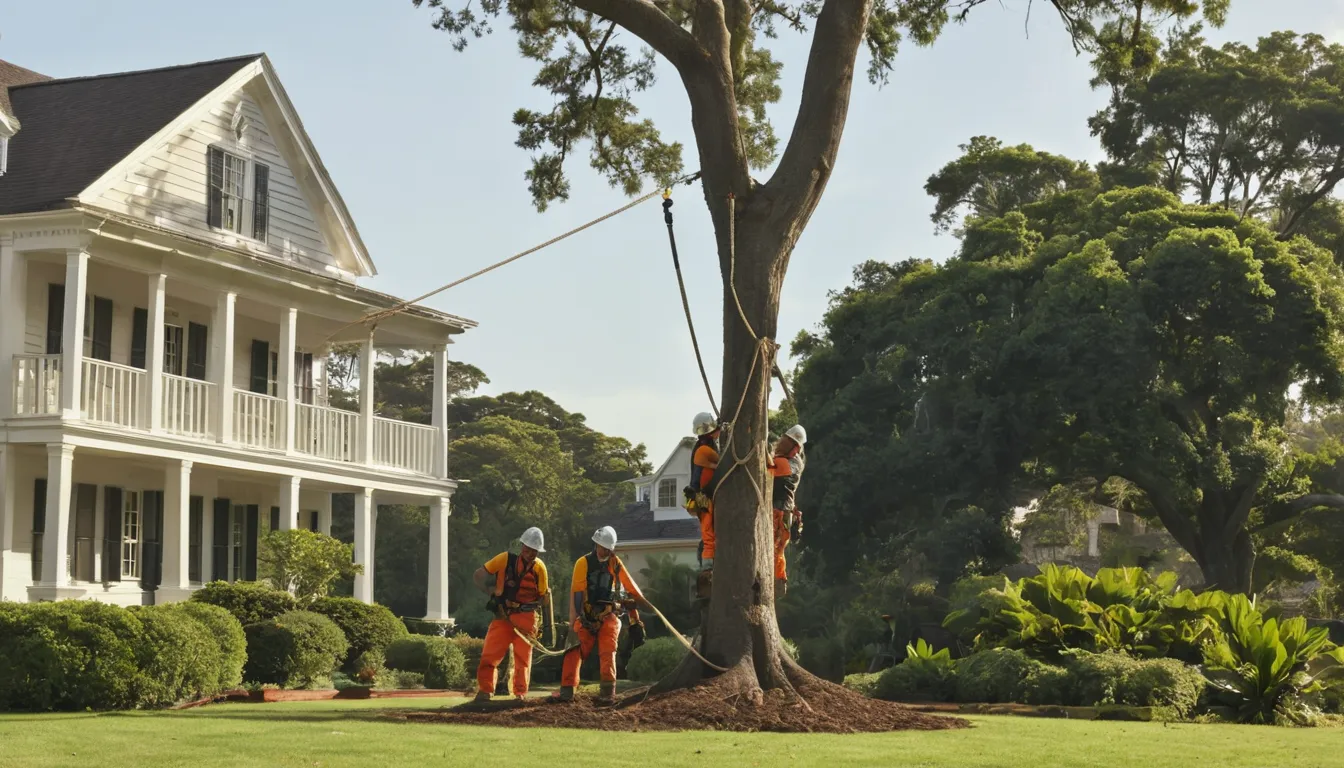 Provider crew carefully removing a large tree beside a home in Walton